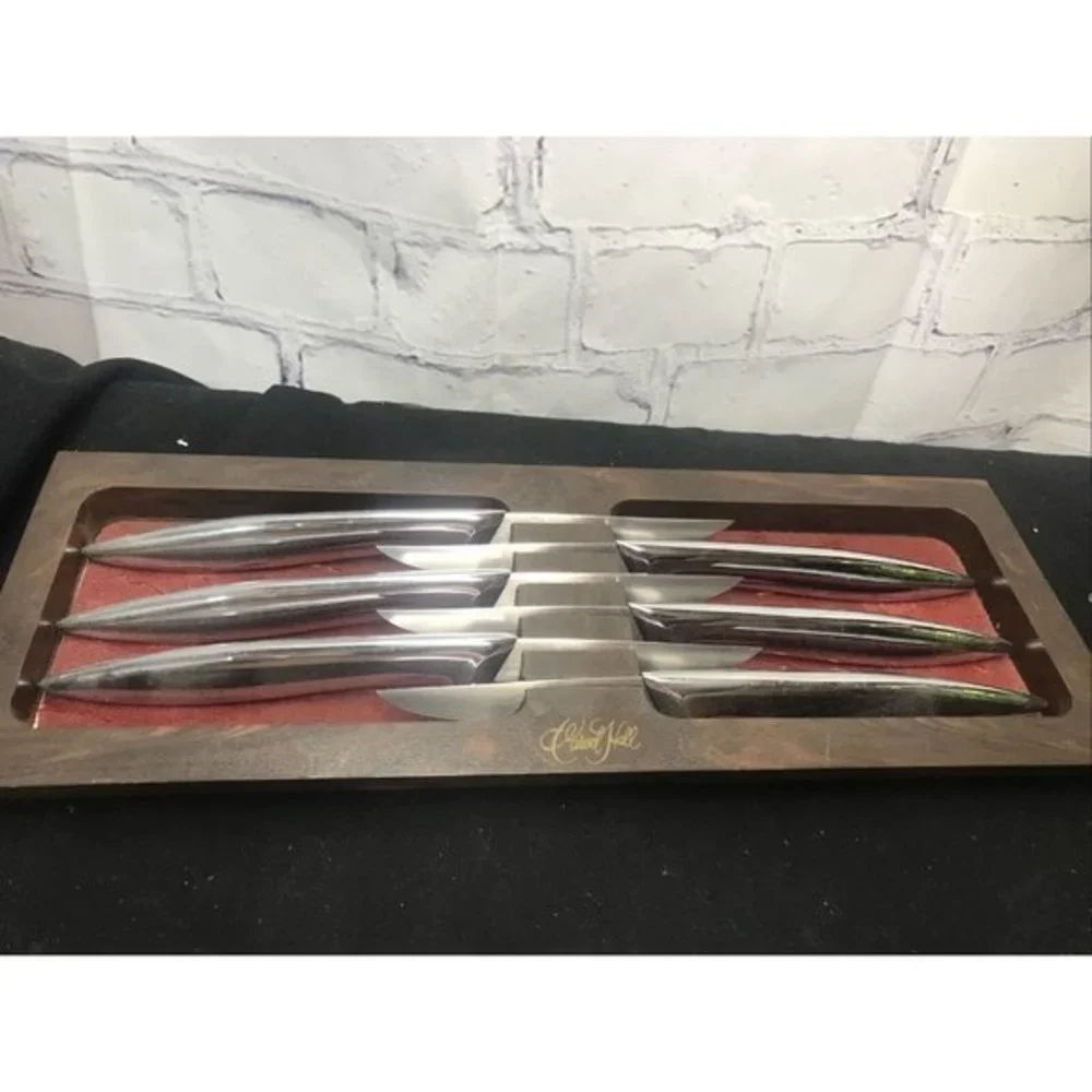 Vintage 6 Carvel Hall Steak Knife Knives Set Mid Century w Holder Marked